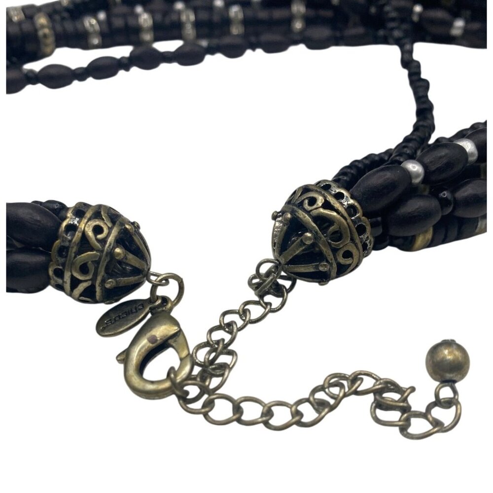 Chicos Signed Multi Strand Black Wood Bead Statement Necklace Rhinestone Boho - Picture 7 of 8